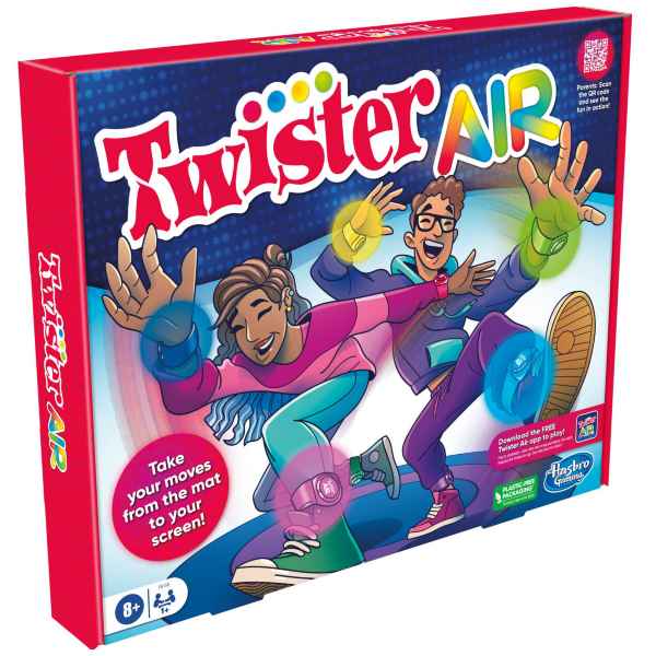Red Twister Air game box featuring two illustrated people wearing glowing wrist and ankle bands while dancing.