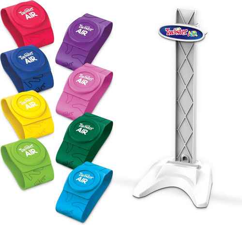 Eight colorful wristbands in vibrant shades next to a white and grey vertical stand with a circular logo at the top.