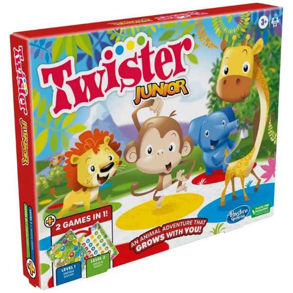 Red Twister Junior box featuring a cartoon lion, monkey, elephant, and giraffe on colorful floor mat spots.