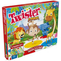 Red Twister Junior box featuring a cartoon lion, monkey, elephant, and giraffe on colorful floor mat spots.
