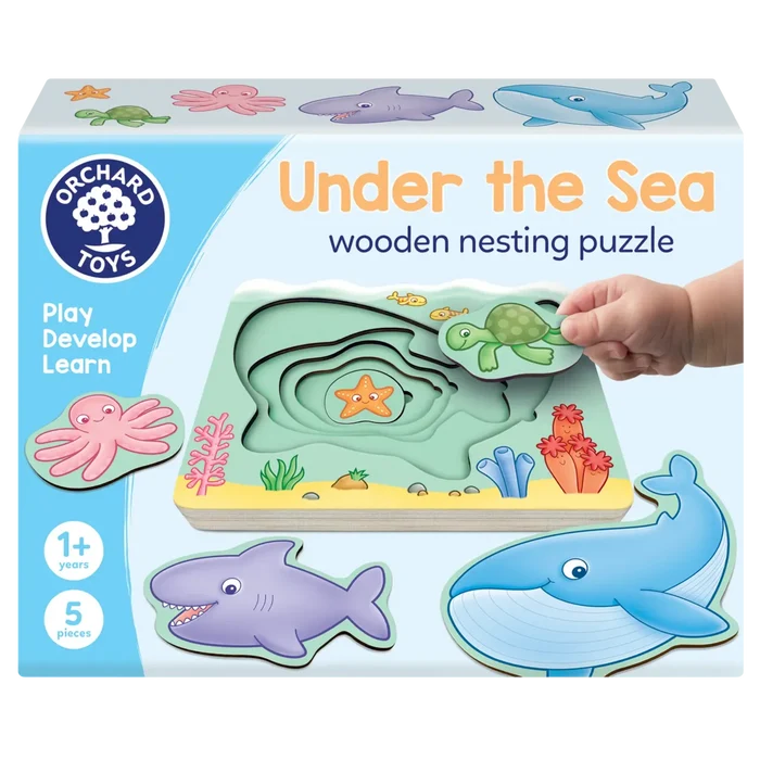 Blue box for a 5-piece wooden nesting puzzle with whale, shark, turtle, and octopus pieces in a layered ocean scene.