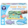 Blue box for a 5-piece wooden nesting puzzle with whale, shark, turtle, and octopus pieces in a layered ocean scene.