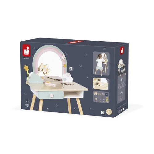 Janod wooden toy vanity set box featuring a pastel rainbow mirror, stool, and star-themed accessories for kids.