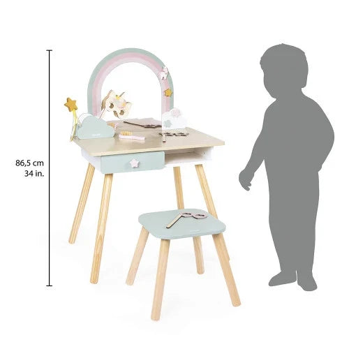 Wooden children's vanity with pastel green accents, rainbow mirror, matching stool, and play accessories.