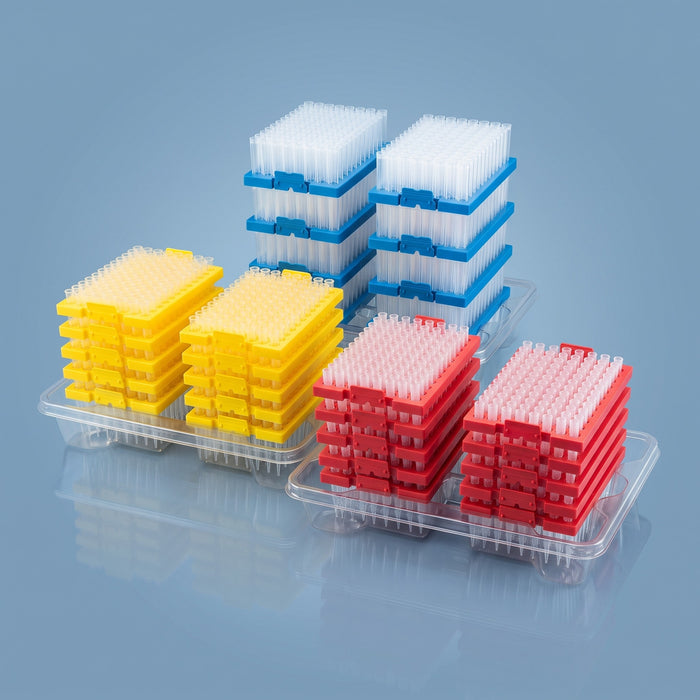Universal reload pipette tips, non-sterile, reload stack for reusable rack bases, full size range shown together, view 1