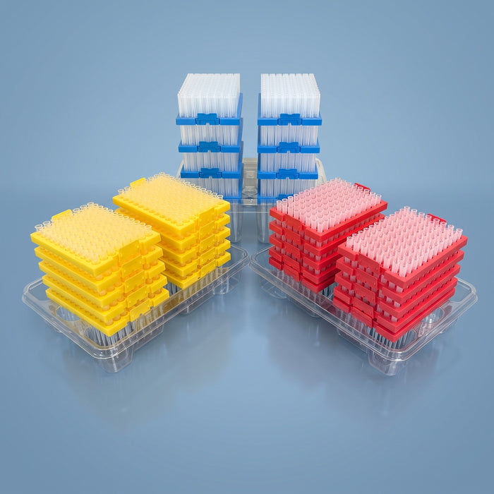 Universal reload pipette tips, non-sterile, reload stack for reusable rack bases, full size range shown together, view 2