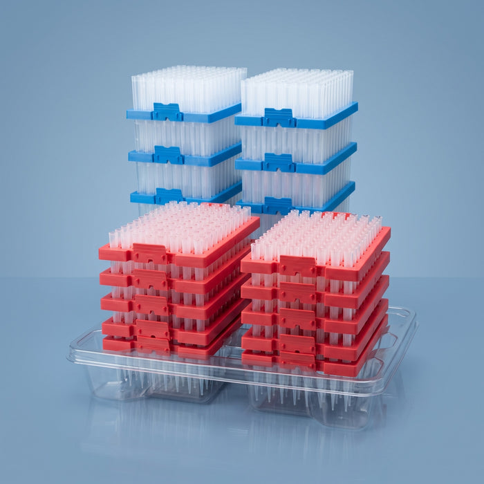 10 µL Universal reload pipette tips, non-sterile, reload stack for reusable rack bases, 3,840 per case, 10 uL and 1250 uL reload stacks side by side