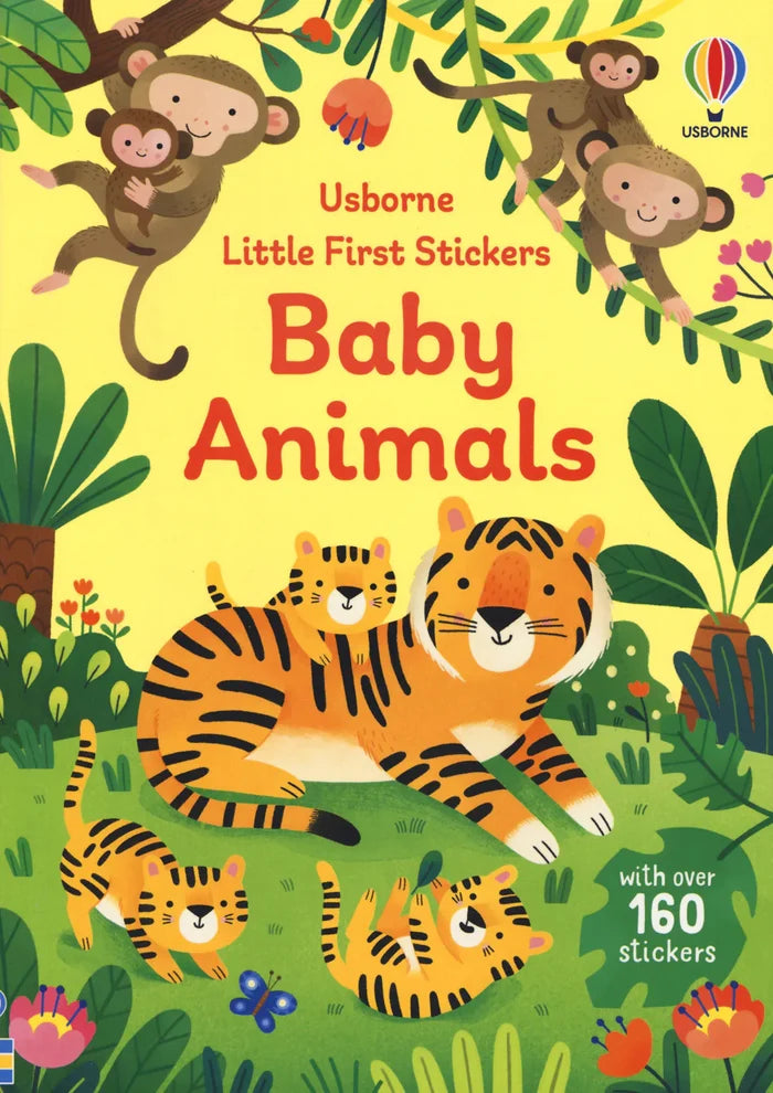 Bright yellow sticker book cover with cute orange tigers and brown monkeys in a jungle; includes 160 stickers.