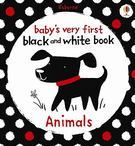 Baby book cover featuring a black dog with a red collar on a white circle, surrounded by red and white polka dots.