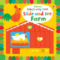 Bright yellow board book cover featuring a rooster, red coop, white hen, and interactive sliding tabs showing yellow chicks.