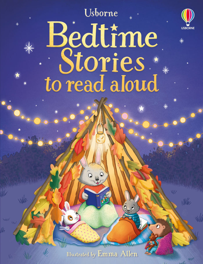 Children's book cover featuring animals in a leafy tent under a starry sky with glowing fairy lights.