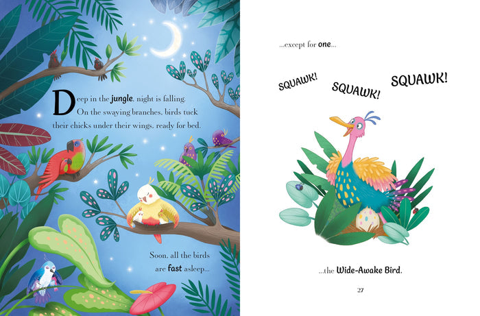 Colorful children's book pages showing sleeping jungle birds at night and one bright bird loudly squawking.