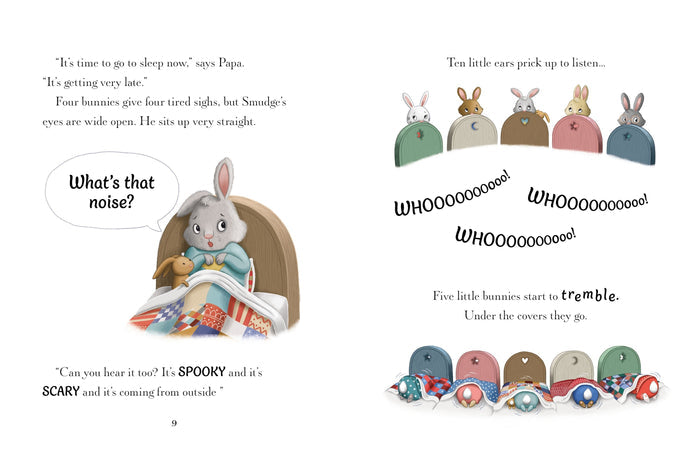 Illustrated pages of a bedtime book showing five bunnies hiding under colorful quilts as they hear a spooky noise.