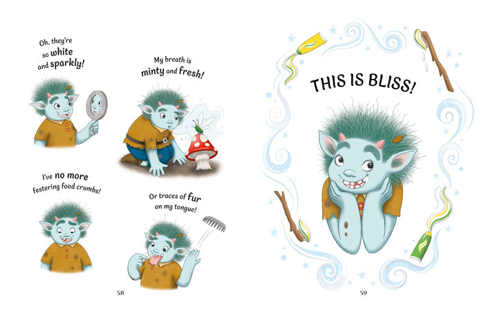 Book spread featuring a friendly blue troll with green hair, smiling about clean teeth and minty breath.