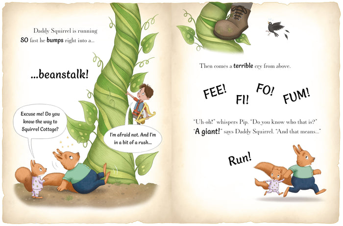 Open children's book spread showing squirrels, a tall green beanstalk, and a giant's boot with story text.