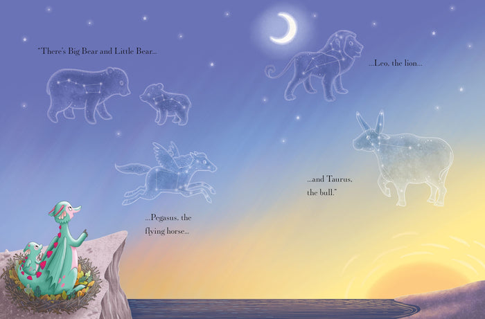 Green dragons in a nest looking at animal constellations in a starry sky transitioning from blue to sunrise.