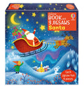 Square Usborne box set featuring Santa in his sleigh flying over a snowy village under a yellow moon and stars.