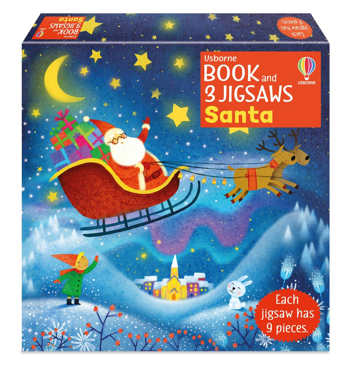 Square Usborne box set featuring Santa in his sleigh flying over a snowy village under a yellow moon and stars.