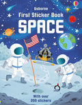 Book cover with astronauts on the moon, a lunar lander, Earth, and planets in a starry dark blue sky.