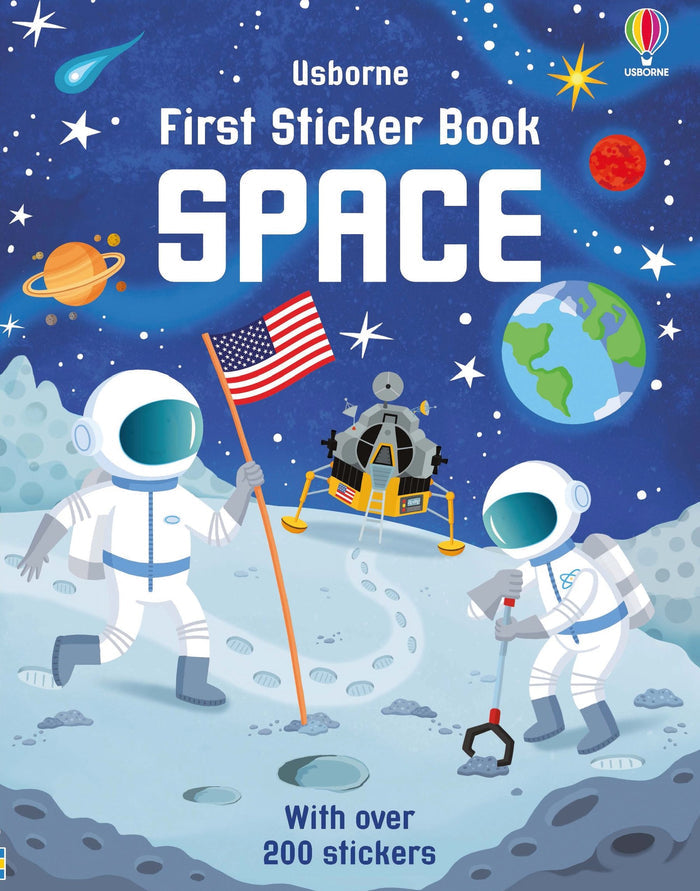 Book cover with astronauts on the moon, a lunar lander, Earth, and planets in a starry dark blue sky.