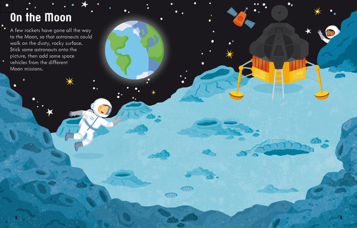 Illustrated moon surface with astronauts, a lunar lander, and Earth in a starry sky from a children's sticker book.