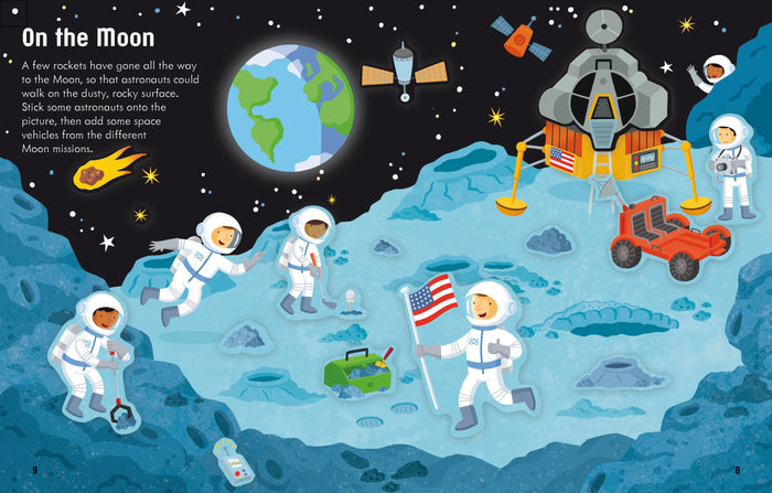 Colorful illustration of cartoon astronauts and space vehicles on a cratered moon surface with Earth in the background.