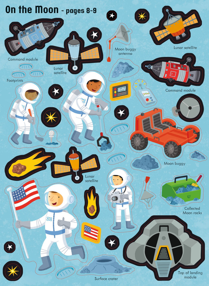 Cartoon sticker sheet with colorful astronauts, moon buggies, satellites, and spacecraft on a light blue background.