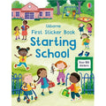 Cover of Usborne First Sticker Book Starting School featuring diverse children in a school playground.