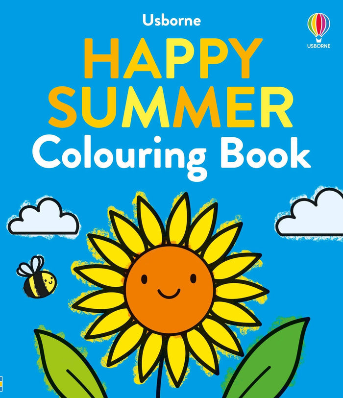 Bright blue book cover featuring a smiling sunflower, fluffy clouds, a bee, and bold yellow and white title text.