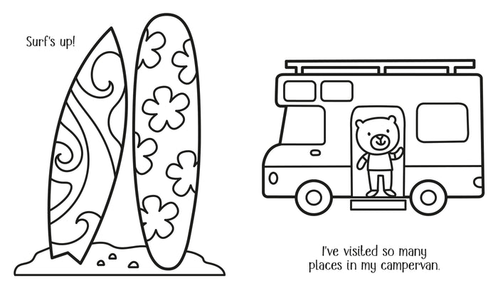 Black and white coloring book pages featuring patterned surfboards and a bear waving from a campervan.