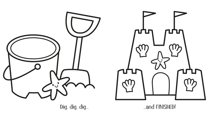 Black and white line drawing of a sand bucket, shovel, and sandcastle decorated with shells and smiling starfish.