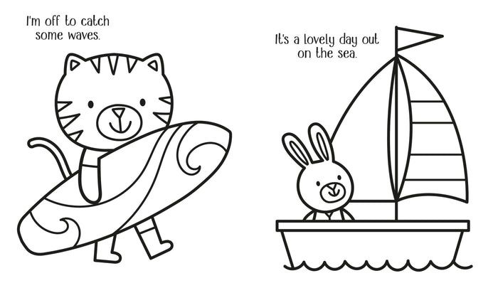 Black and white line art of a cartoon cat holding a surfboard and a bunny in a sailboat on a coloring book page.