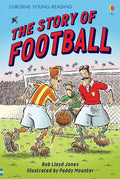 Book cover for The Story of Football featuring a cartoon of vintage football players and a leather ball on a green field.