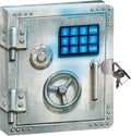 Silver vault-style diary featuring a blue numeric keypad, a wheel handle, and a lock with a metal key inserted.