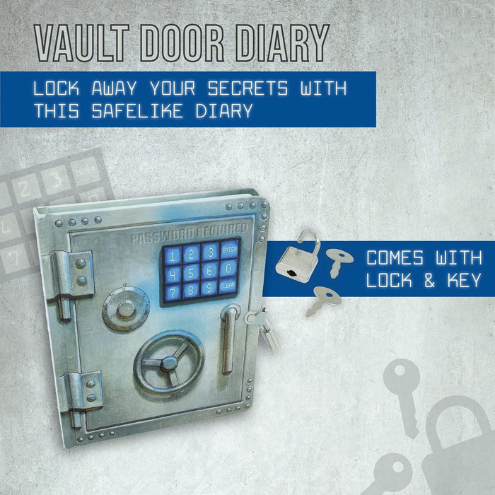 Metallic grey diary with vault door graphics and a keypad, including a small silver padlock and keys.
