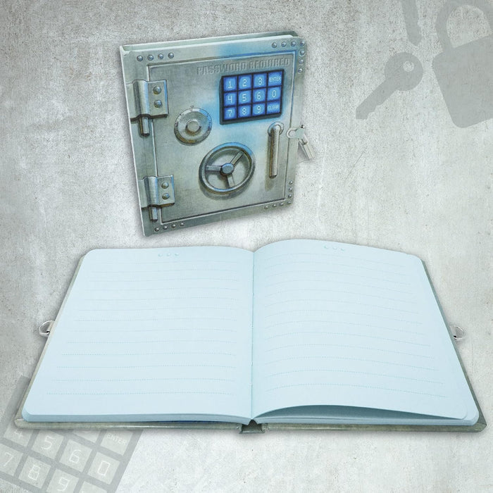 Silver journal with a vault door graphic and keypad, shown closed with a key and open with lined blue pages.