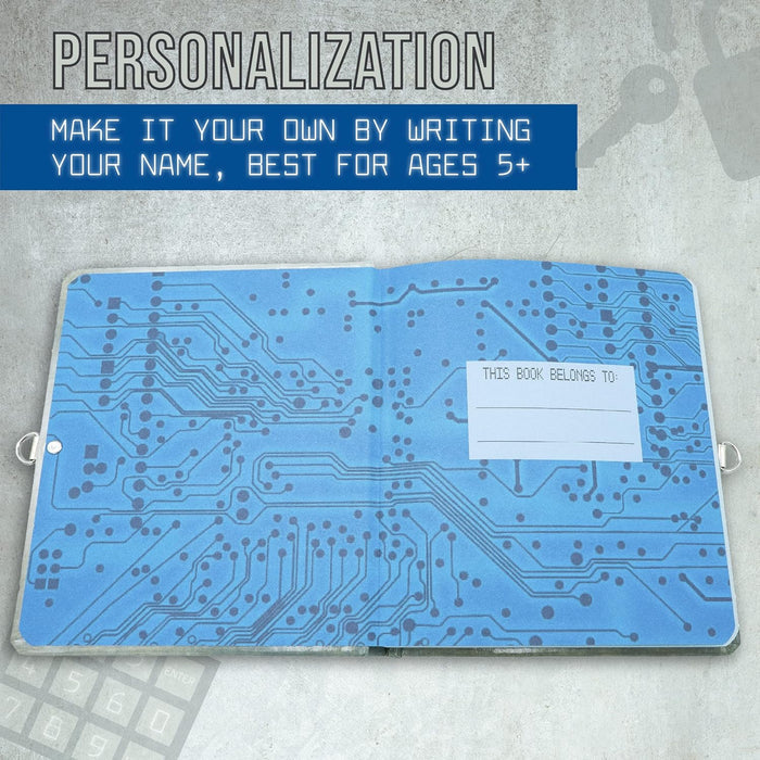 Open blue diary with a circuit board pattern and a white name label box for personalization.