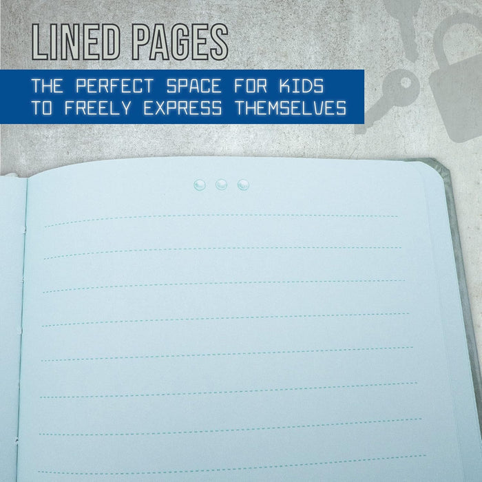 Open light blue notebook with dashed lined pages, below a blue banner and grey stone-textured background.