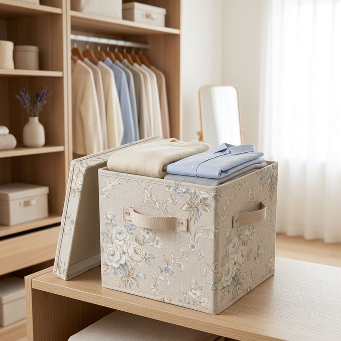 Vintage Floral Fabric Storage Box with Lid