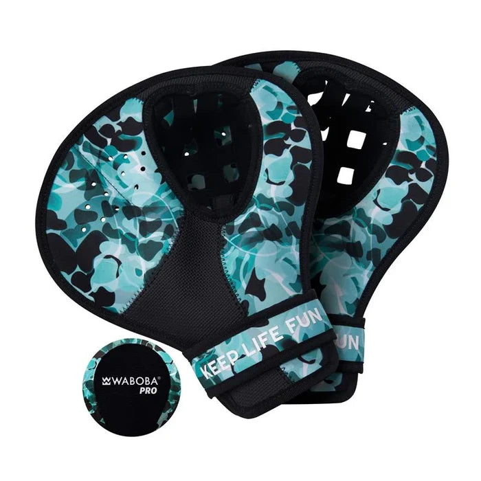 Teal camouflage padded water catching mitts with mesh palms and wrist straps, shown with a matching small ball.