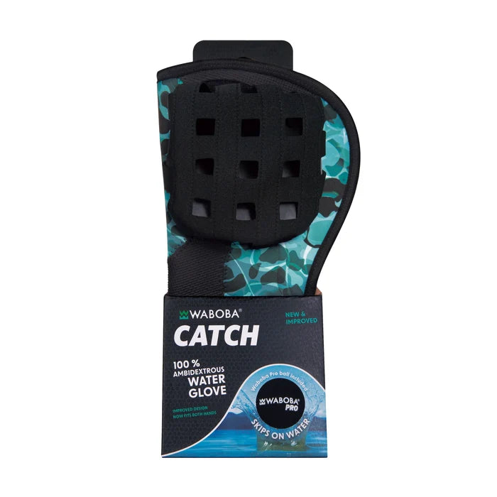 Teal and black camo water glove with a black grid palm, in packaging showing a ball skipping on water.