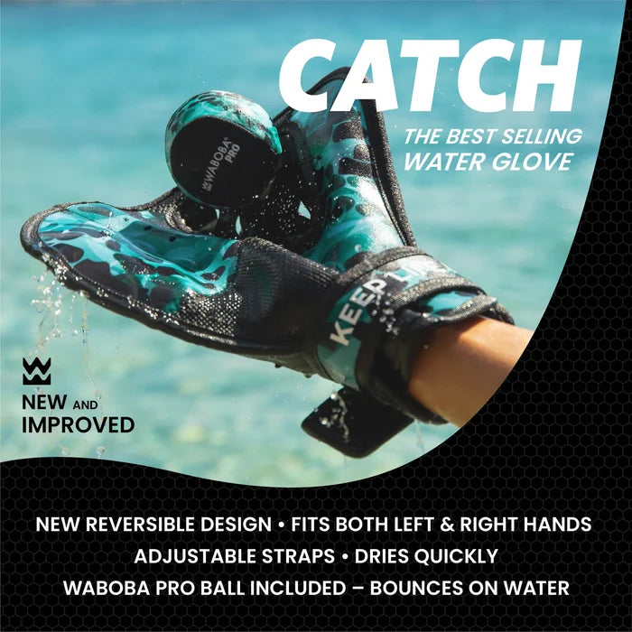 Hand wearing a teal and black patterned water glove catching a matching ball over blue water with splashes.
