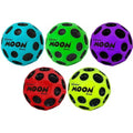 Five cratered bouncy balls in blue, green, purple, red, and yellow with deep black circular indentations.