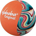 Spherical orange and multi-colored swirl patterned ball with white logo text reading Waboba Original.