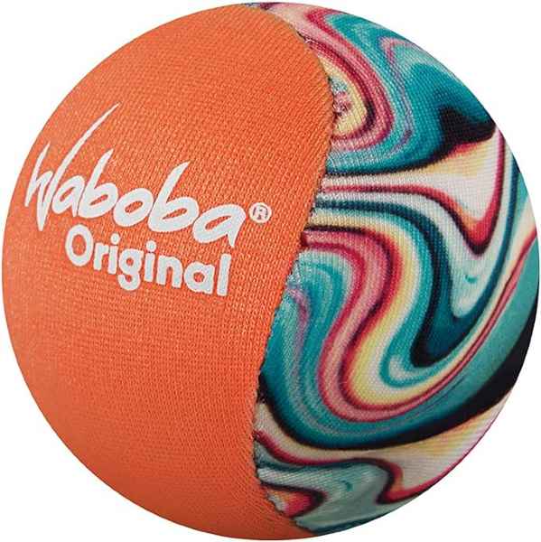 Spherical orange and multi-colored swirl patterned ball with white logo text reading Waboba Original.