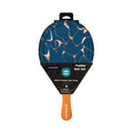 Teal round beach paddle with orange and white abstract pattern and orange handle in black retail packaging.