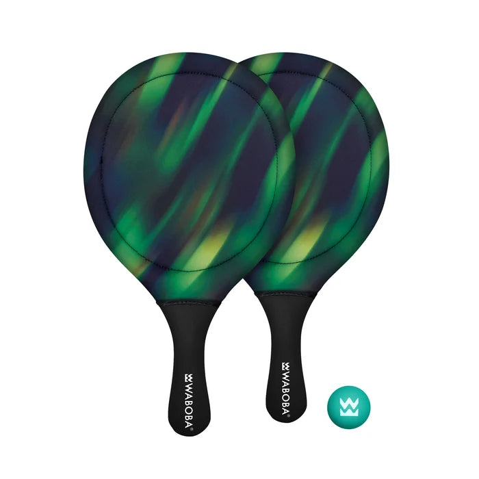 Two round paddles with a green and blue aurora pattern, black handles, and a matching teal ball.
