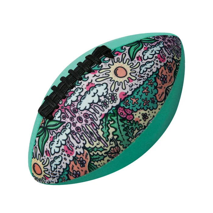 Teal-bordered water football with a tropical doodle print of suns, clouds, and flowers, featuring black laces.