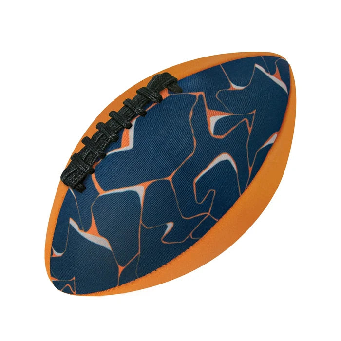 Orange and dark blue toy football with a jagged geometric pattern and thick black laces.