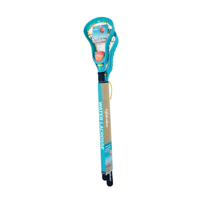 Teal lacrosse stick with yellow mesh net and orange ball, in teal and tan cardboard packaging.